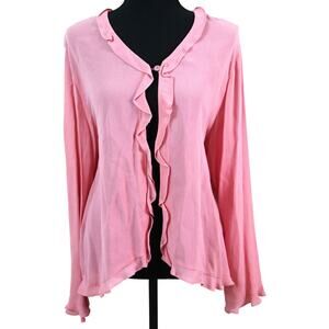 Vintage Y2K Pink Sheer Cardigan Ruffle Open Front Asymmetric Bell Sleeve Large